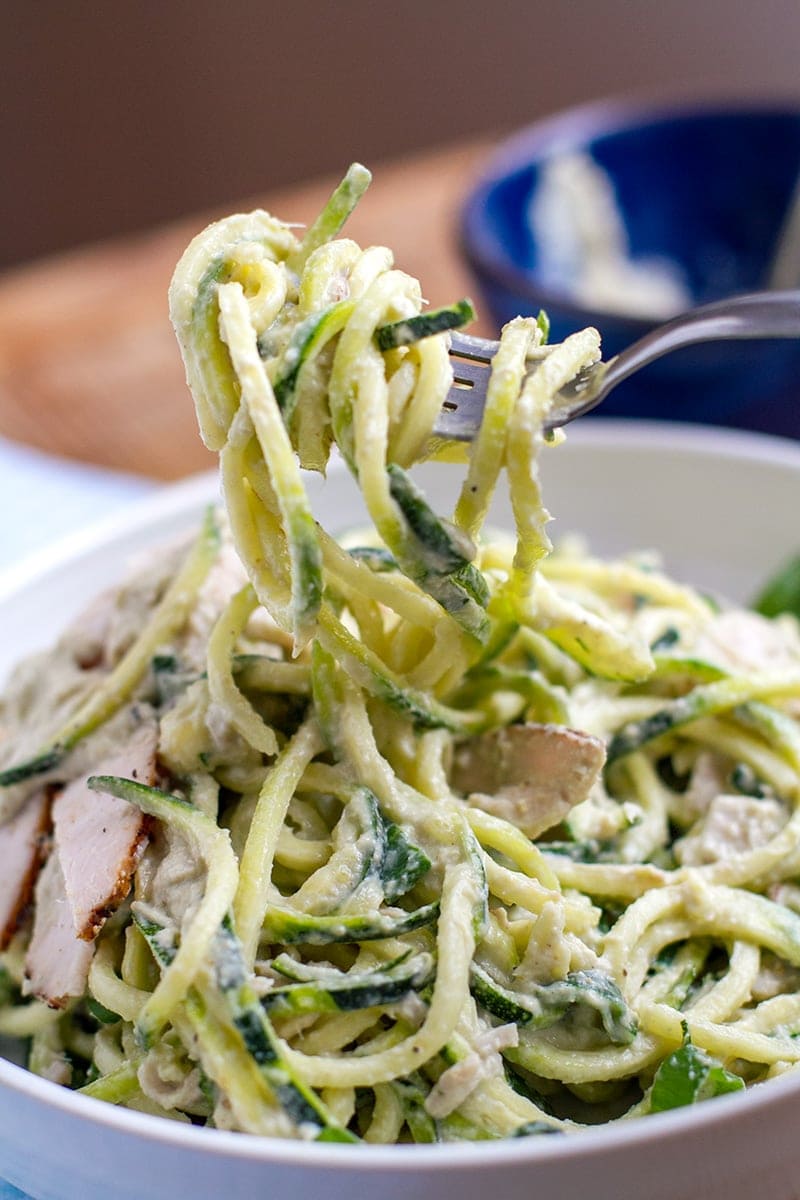 Creamy zucchini pasta with cashew and artichokes sauce and turkey (paleo, Whole30, keto)