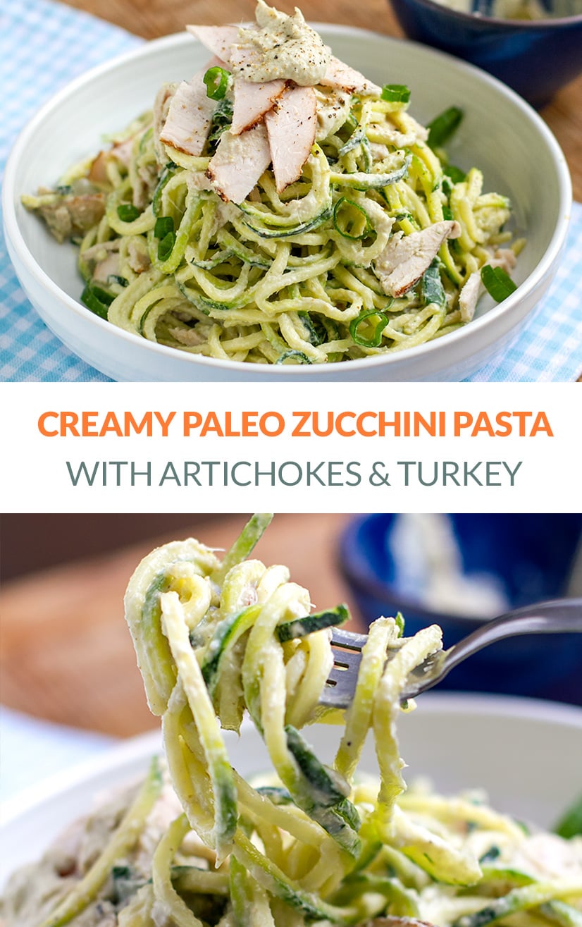 Raw Zucchini Pasta With Creamy Cashew Artichoke Sauce & Turkey (Paleo, Dairy-Free)