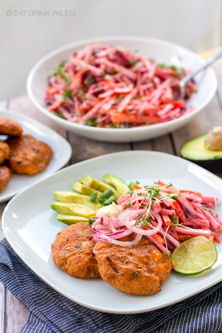 Salmon & Beet Cakes With Pink Slaw, Avocado & Pickled Onions (Paleo, Whole30, Gluten-free)