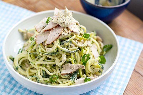 Raw Zucchini Paleo Pasta With Creamy Artichoke Sauce & Turkey