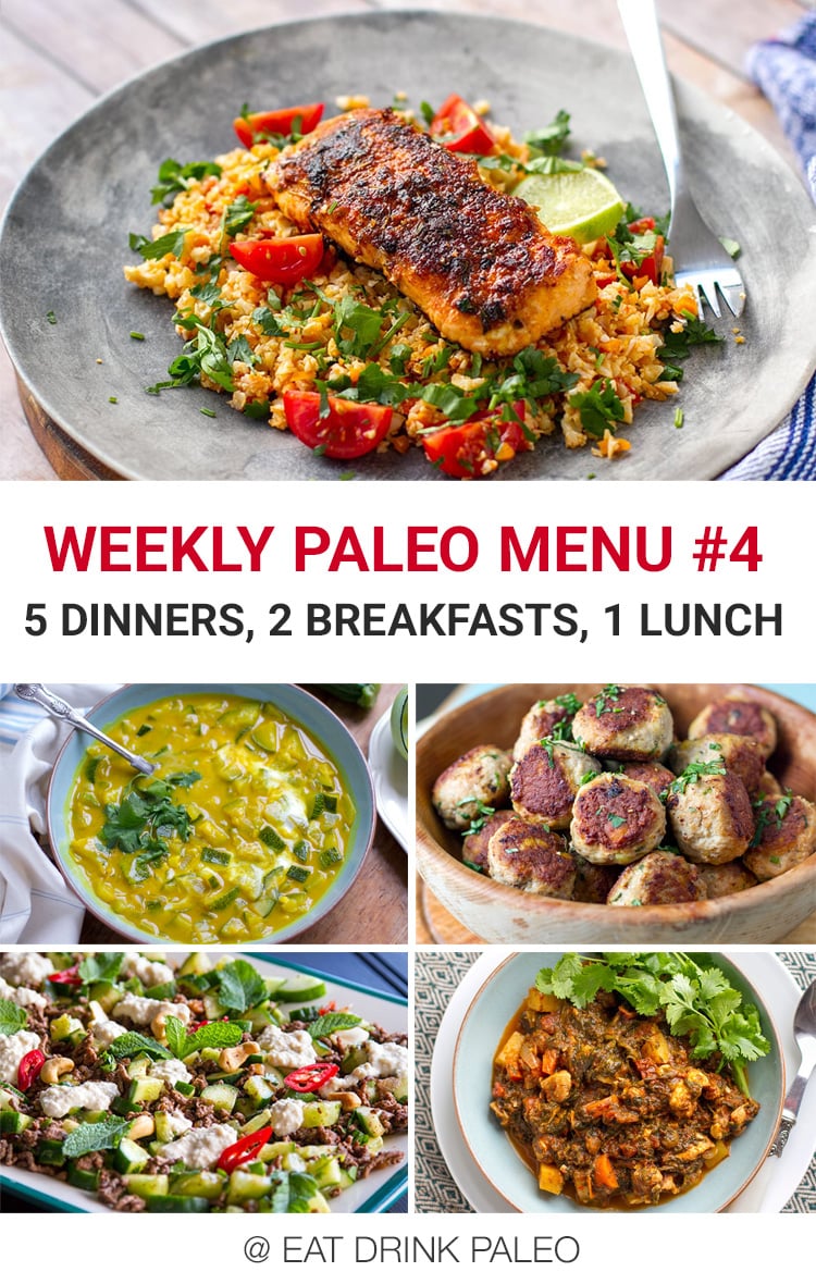 Weekly Paleo Meal Plan Menu #4 - 5 dinners, 2 breakfasts and 1 lunch