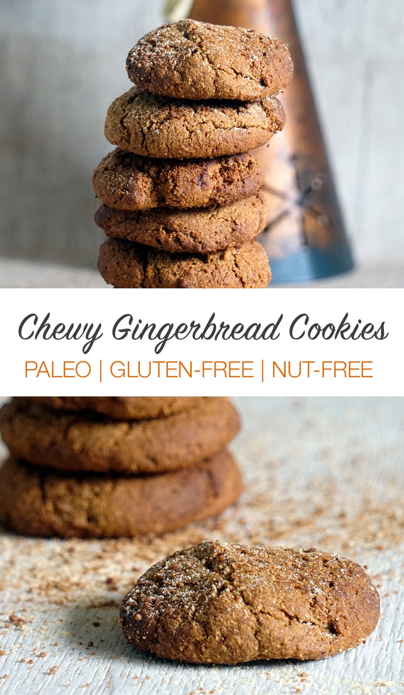 Soft & chewy gingerbread cookies that are paleo, gluten-free and nut-free. These do contain coconut flour! Perfect Christmas cookies that are also a little healthy and contain sweet potato. #cookies #paleo #christmas #baking #glutenfree #gingerbread #paleocookies #paleodesserts