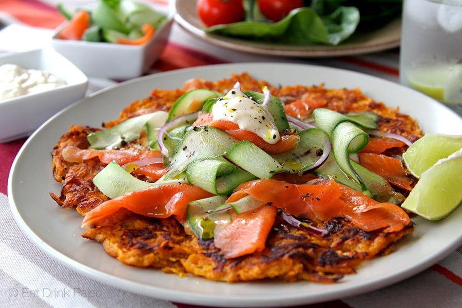 Sweet Potato Rosti With Smoked Salmon Cucumber Salad