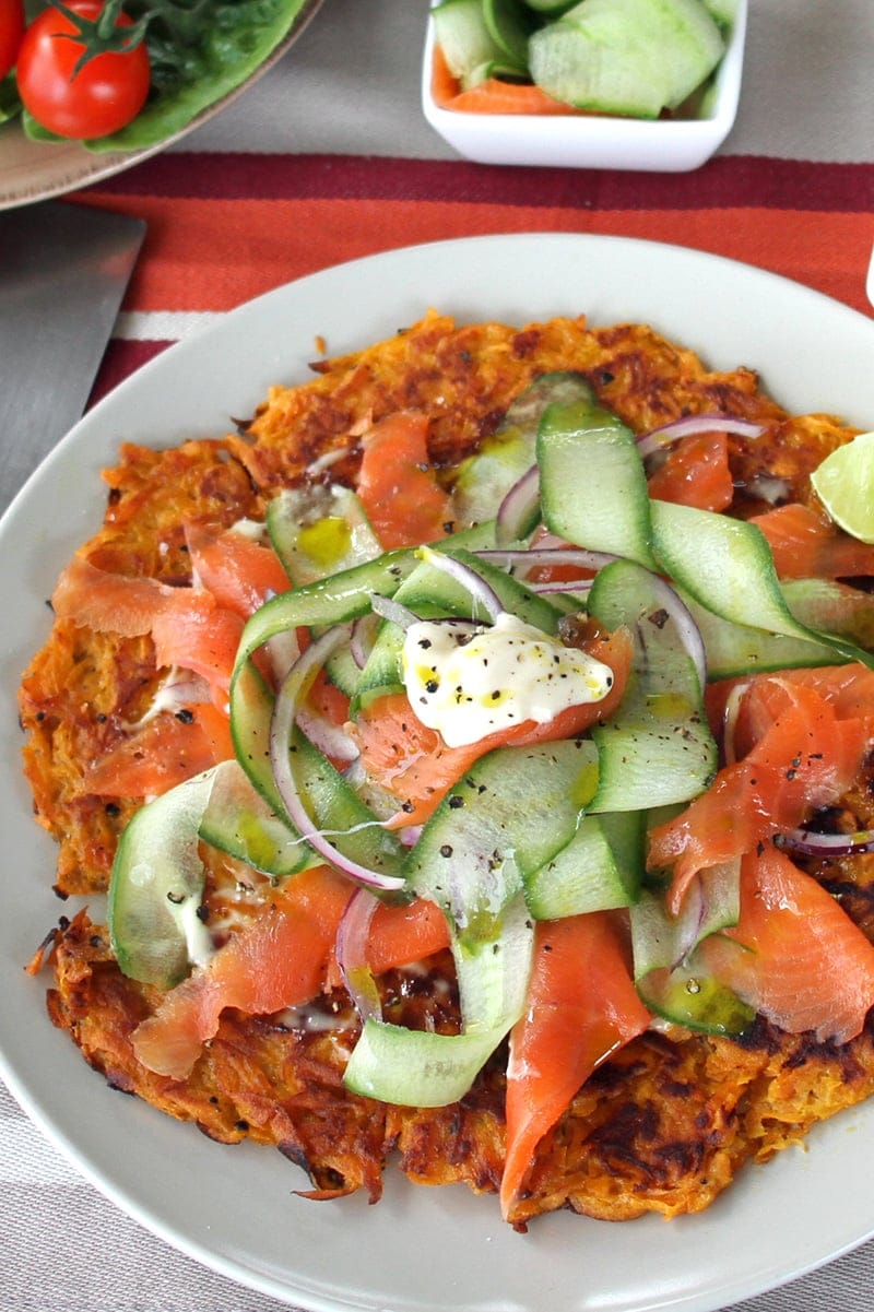 Sweet Potato Rosti With Smoked Salmon Cucumber Salad | Paleo & Whole30