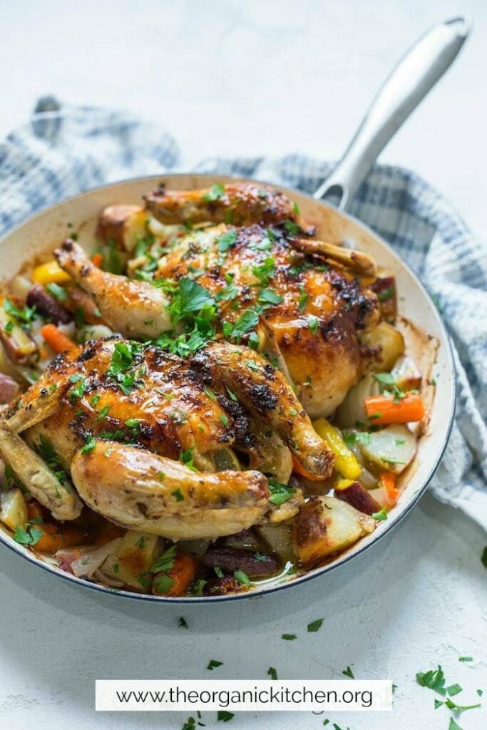 Roasted citrus & herb game hens with veggies