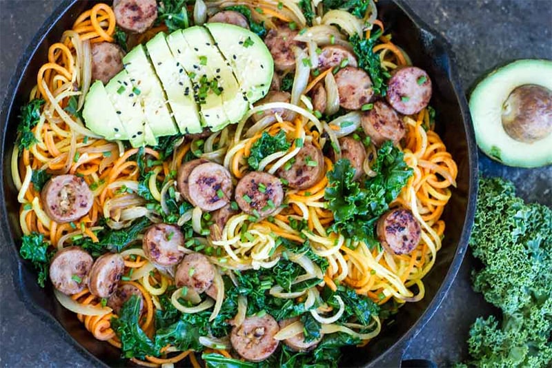 Healthy skillet breakfast with sausage sweet potato and kale
