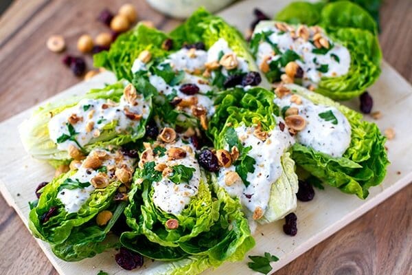 Lettuce Salad With Yogurt Ranch, Toasted Hazelnuts and Dried Cranberries