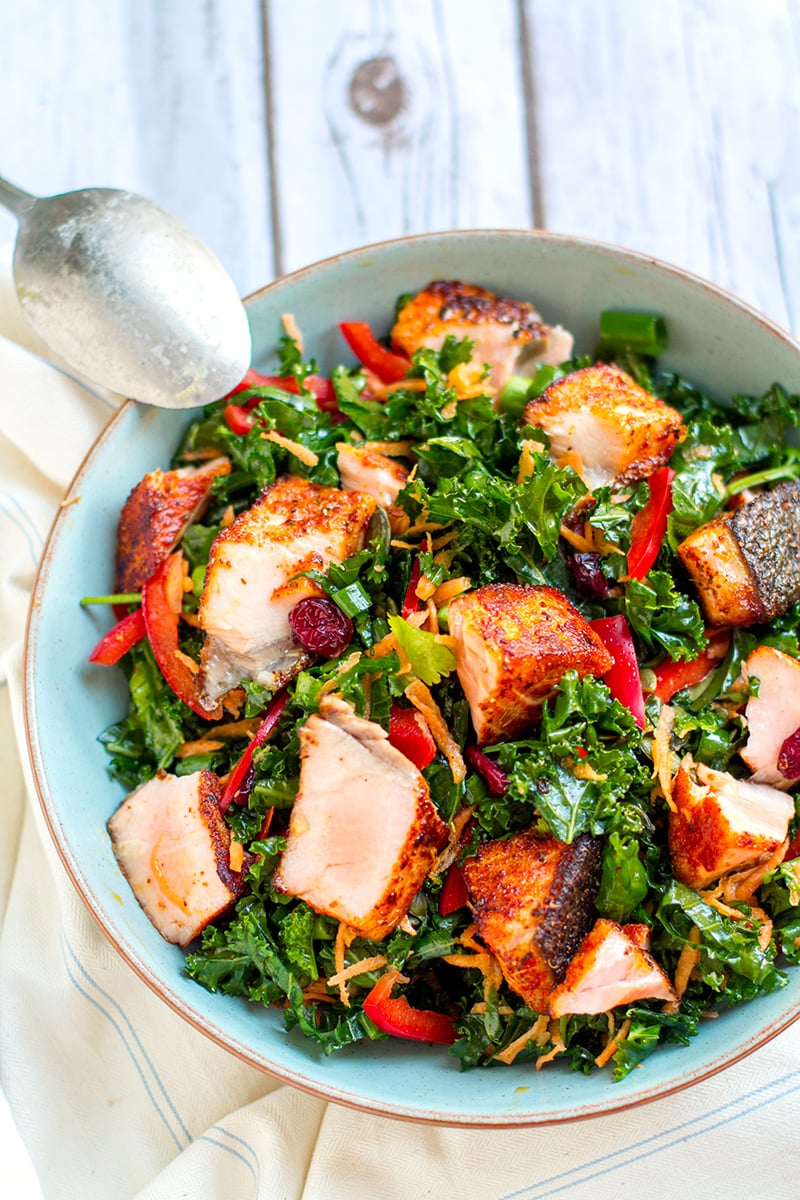 Grilled Salmon Salad Salad With Kale, Peppers & Carrots