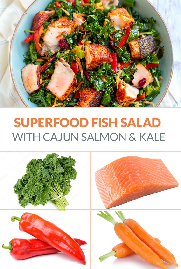 Superfood Salad With Kale, Grilled Salmon, Carrot & Red Peppers 