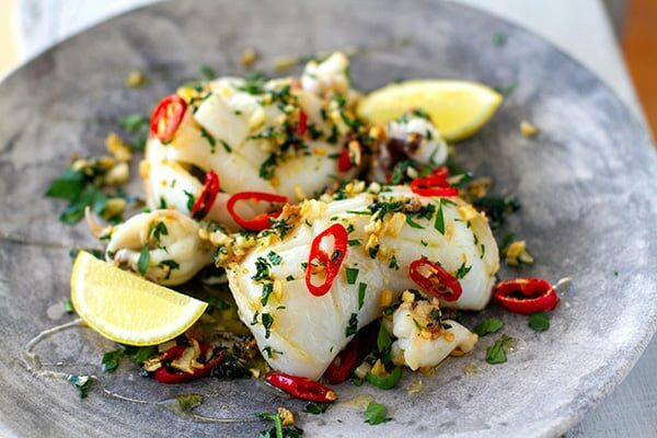 Grilled Squid Recipe With Olive Oil, Garlic, Chili & Parsley