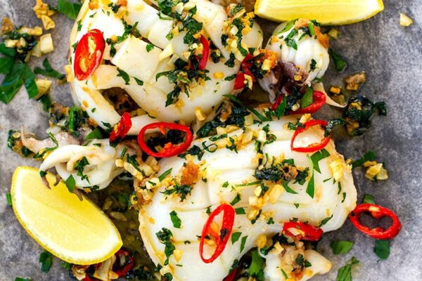 Grilled Squid Recipe With Olive Oil, Garlic, Chili & Parsley