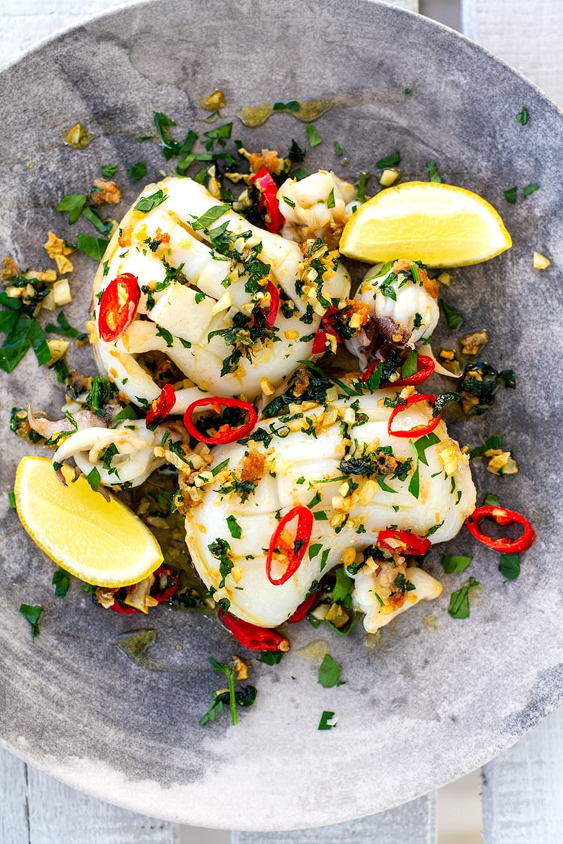 Grilled Squid Recipe With Olive Oil, Garlic, Chili & Parsley 