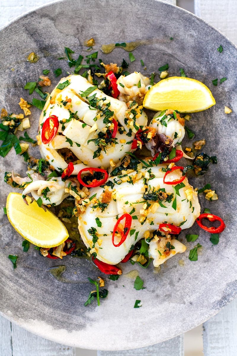 Grilled Squid Recipe With Olive Oil, Garlic, Chili & Parsley 