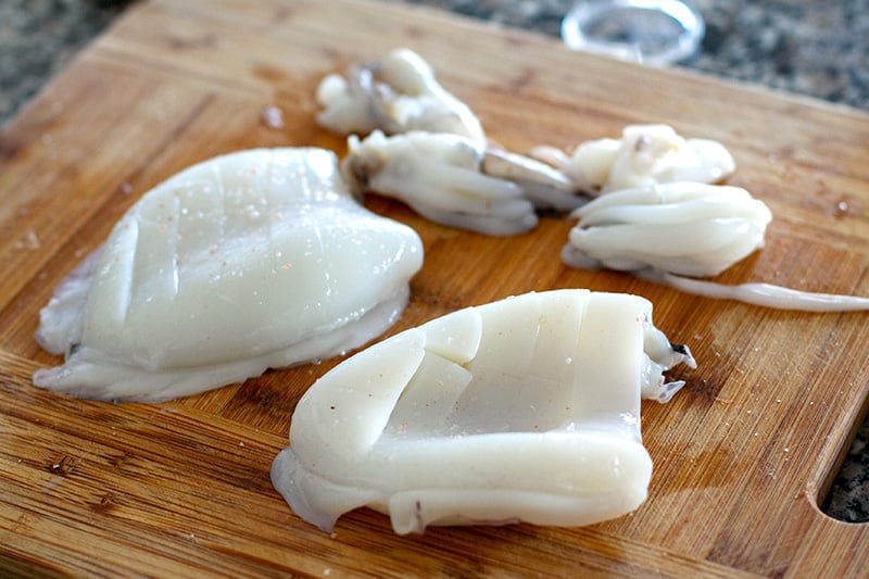 Scored squid for grilling