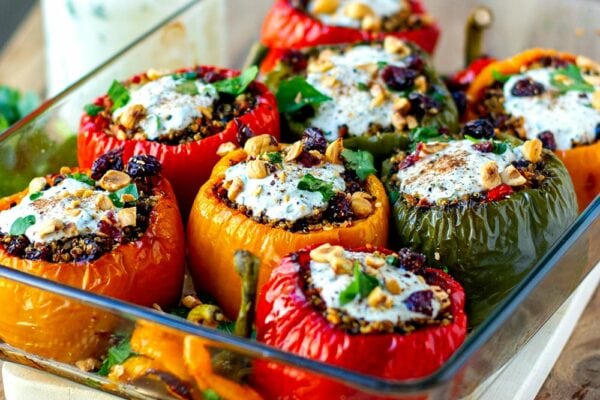 Quinoa Stuffed Peppers with hazelnuts, cranberries and garlic yoghurt ranch