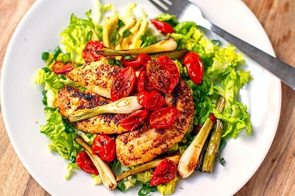 Grilled Chicken Salad With Roasted Cherry Tomatoes & Scallions