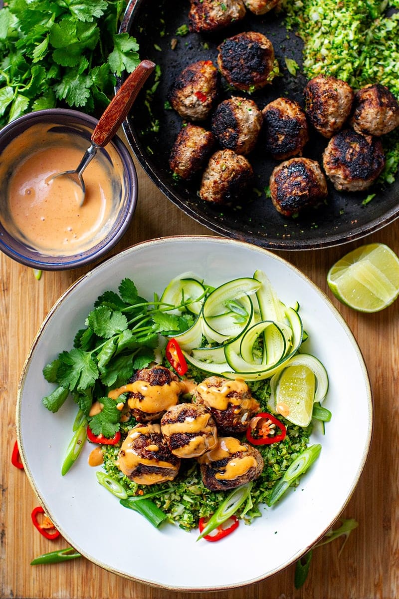 Vietnamese Pork Meatballs With Broccoli Rice & Sriracha Mayonnaise Keto, Paleo, Whole30