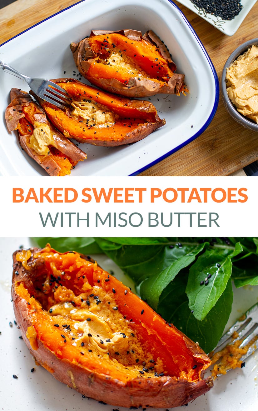 Whole Baked Sweet Potatoes With Miso Butter & Sesame Seeds