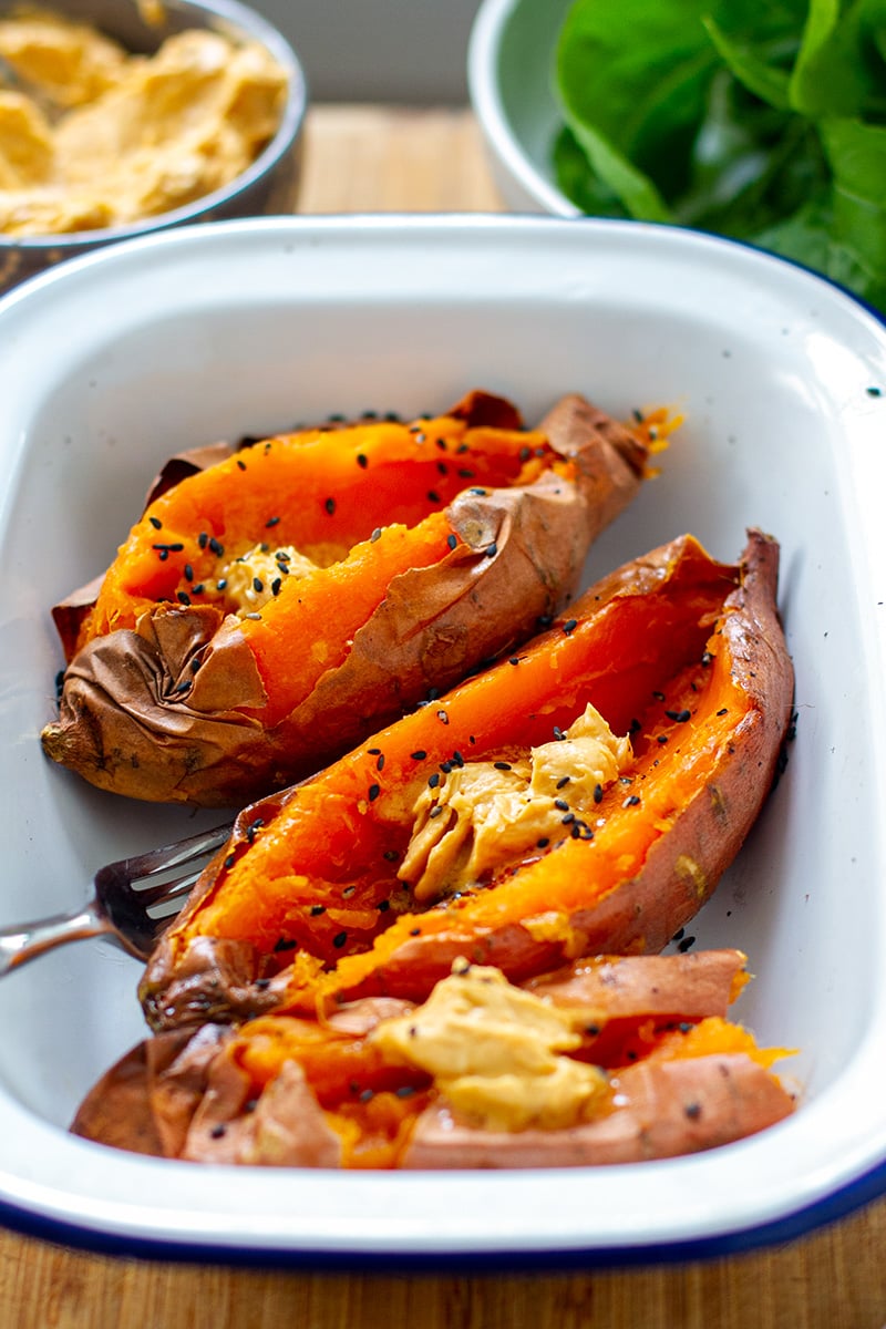 Baked Sweet Potatoes With Miso Butter & Sesame Seeds