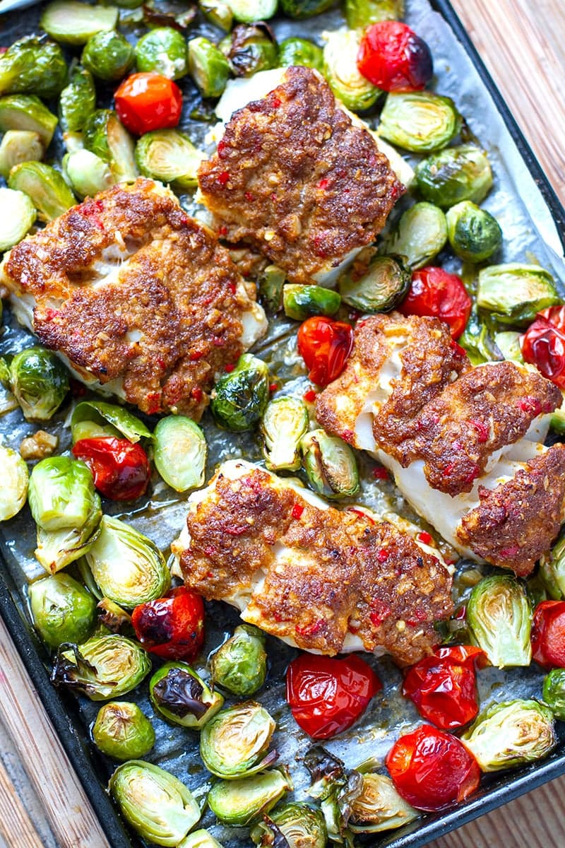 Oven-Baked Cod Fillets With Brussel Sprouts & Tomatoes 