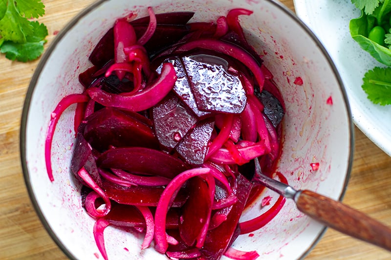 Beets and onions in red wine vinegar dressing