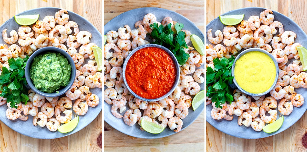 Fried Shrimp Recipe For Parties With Curry Sauce, Red Romesco & Avocado Sauce