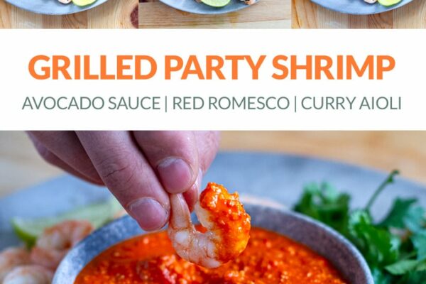 Grilled shrimp with sauces: Romesco, curry aioli, avocado