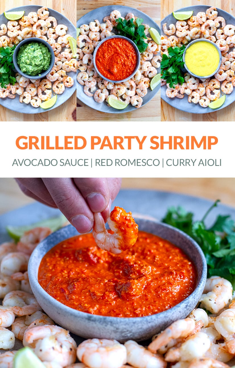 Grilled shrimp with sauces: Romesco, curry aioli, avocado
