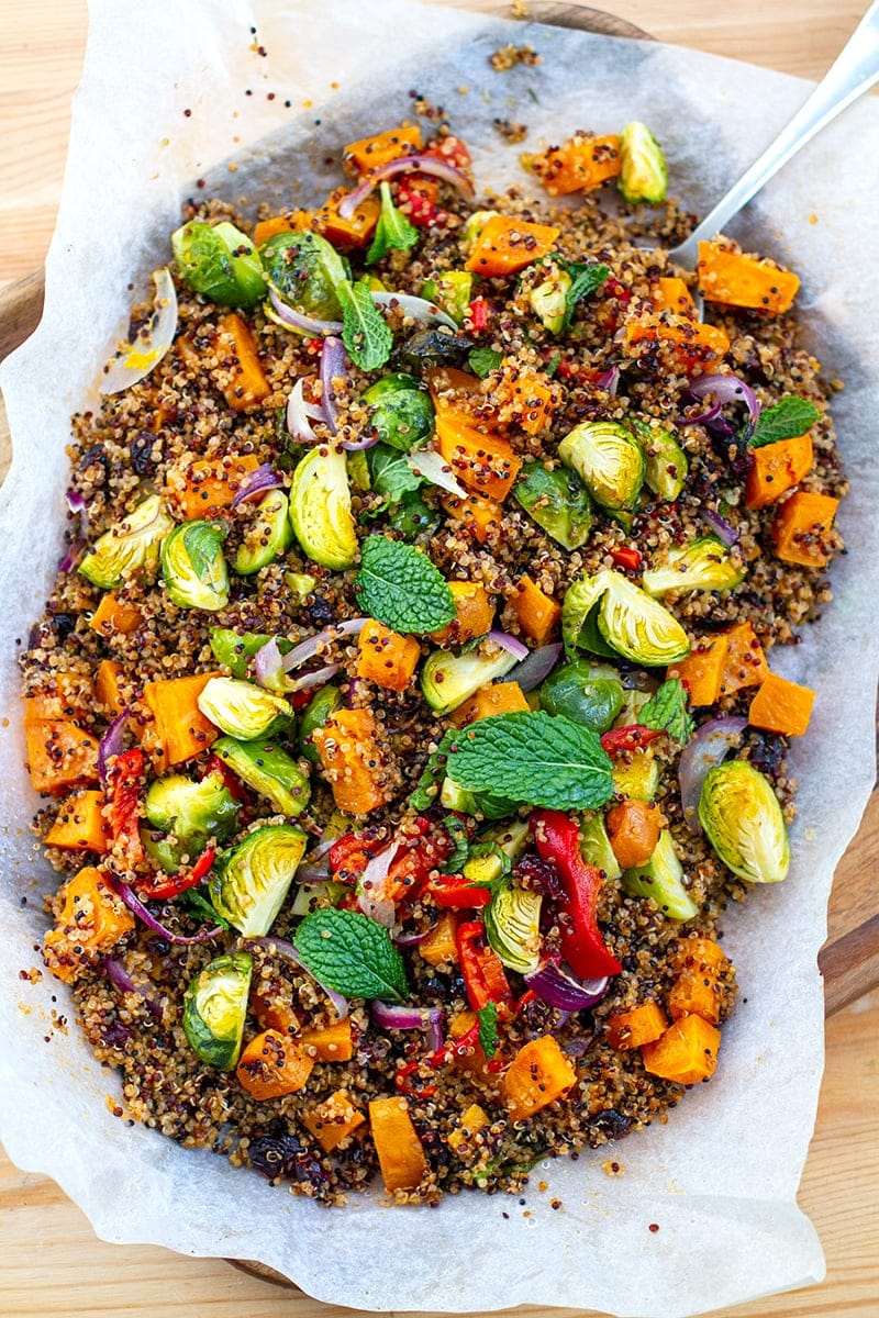 Roasted Quinoa Salad With Sweet Potatoes & Brussels Sprouts