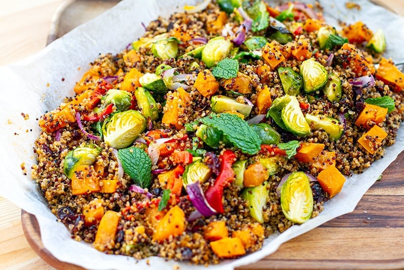 Roasted Quinoa Salad With Sweet Potatoes & Brussels Sprouts