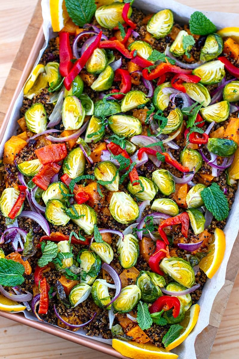 Roasted Warm Quinoa Salad With Brussels Sprouts & Sweet Potatoes