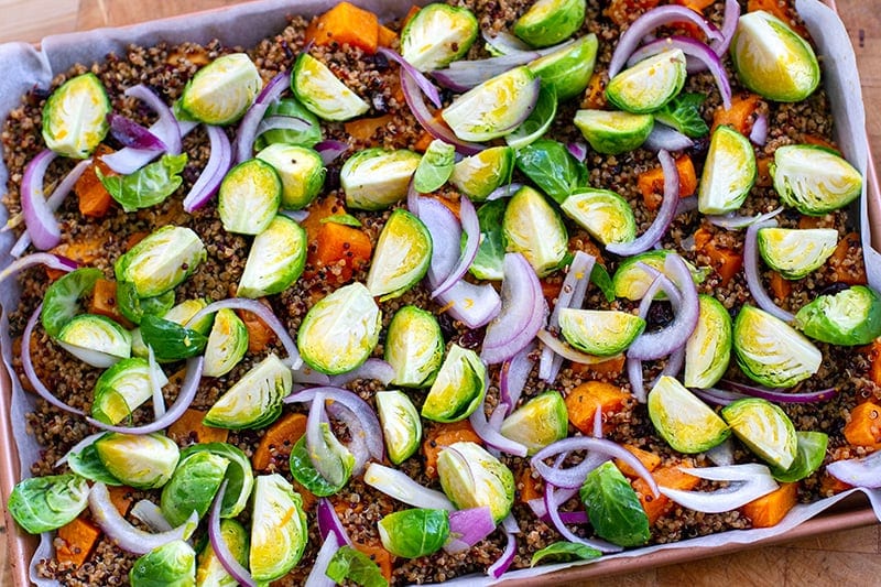 Roasting Brussels sprouts with quinoa