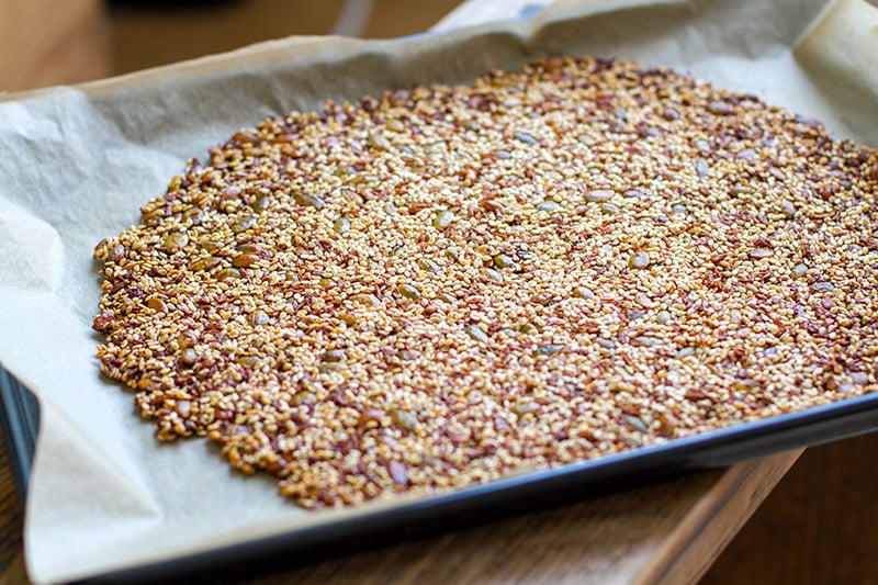 Baked sesame snap sheet out of the oven