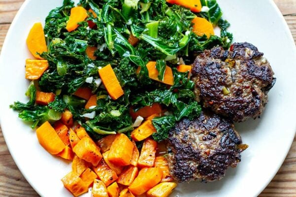 Garlic Kale Beef Burgers With Sweet Potatoes