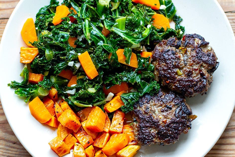 Homemade Beef Burgers With Garlic Kale & Sweet Potatoes