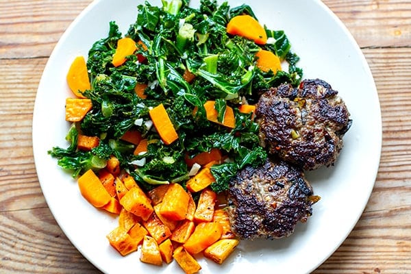 Homemade Beef Burgers With Garlic Kale & Sweet Potatoes