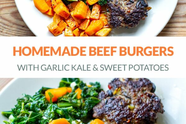 Homemade Beef Burgers With Garlic Kale & Sweet Potatoes