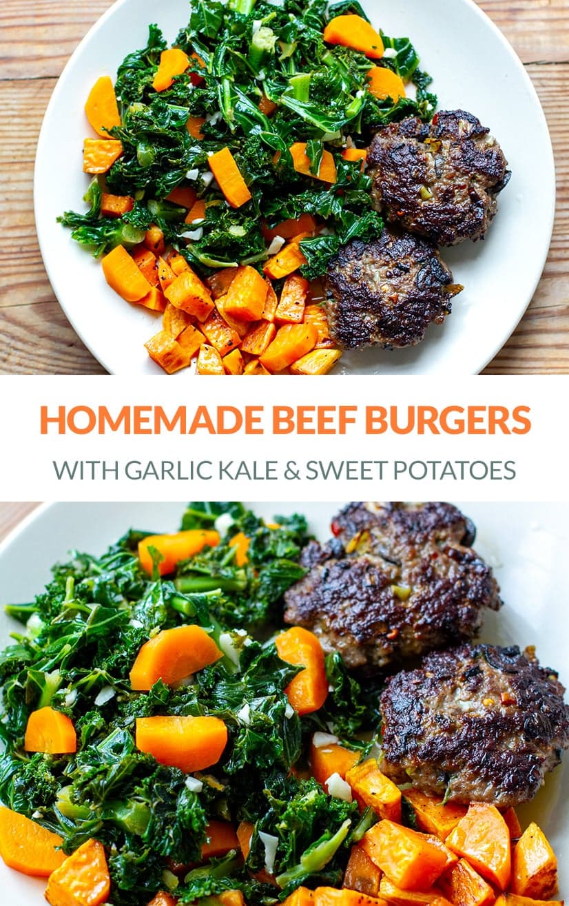 Homemade Beef Burgers With Garlic Kale & Sweet Potatoes