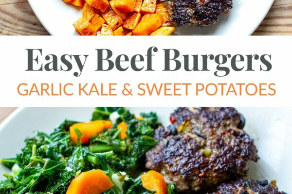 Easy Beef Burgers With Garlic Kale & Sweet Potatoes