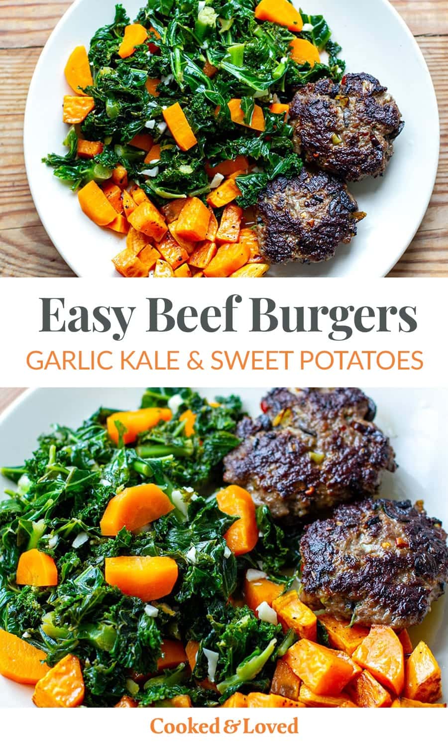 Easy Beef Burgers With Garlic Kale & Sweet Potatoes