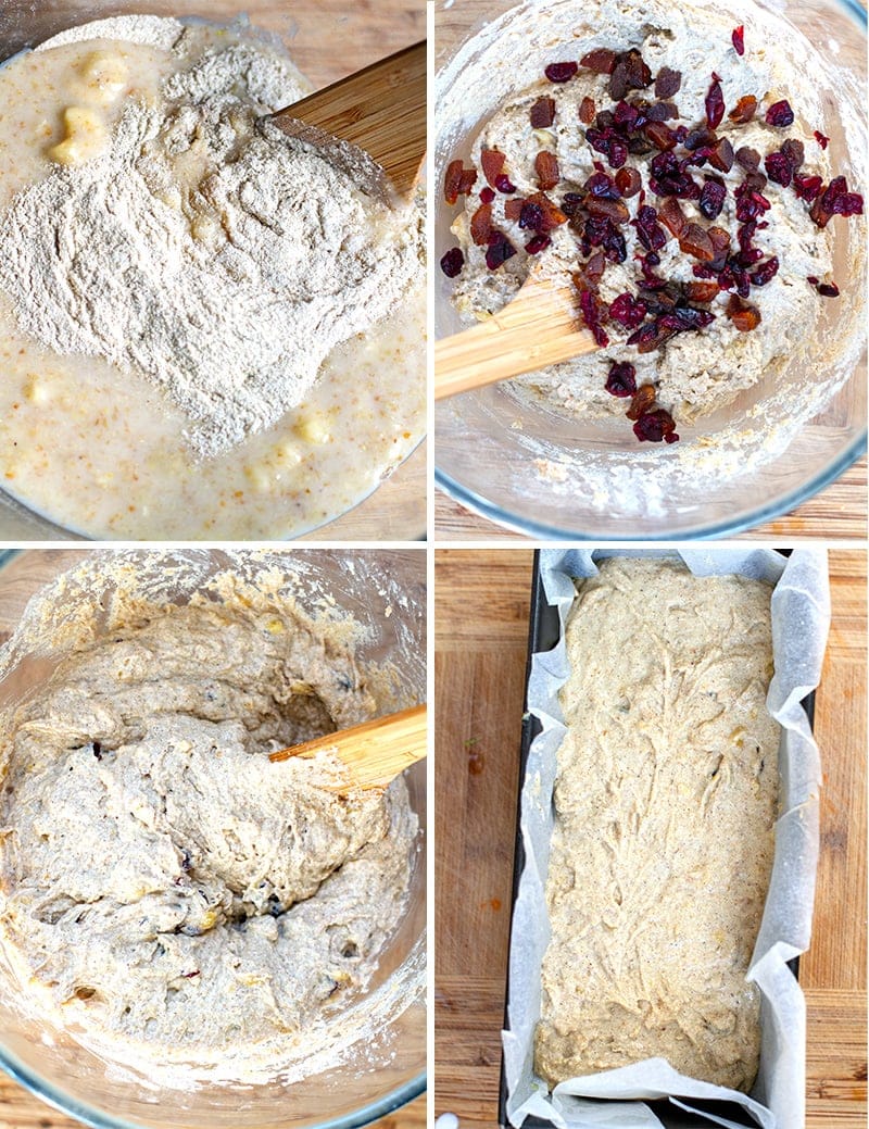 Mixing banana bread dough to bake in a loaf tin