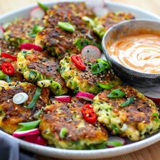 Shrimp Fritters With Scallions & Sriracha Mayo