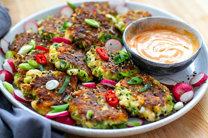 Shrimp Fritters With Scallions & Sriracha Mayo