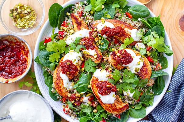 Chicken quinoa salad with harissa and tahini yoghurt