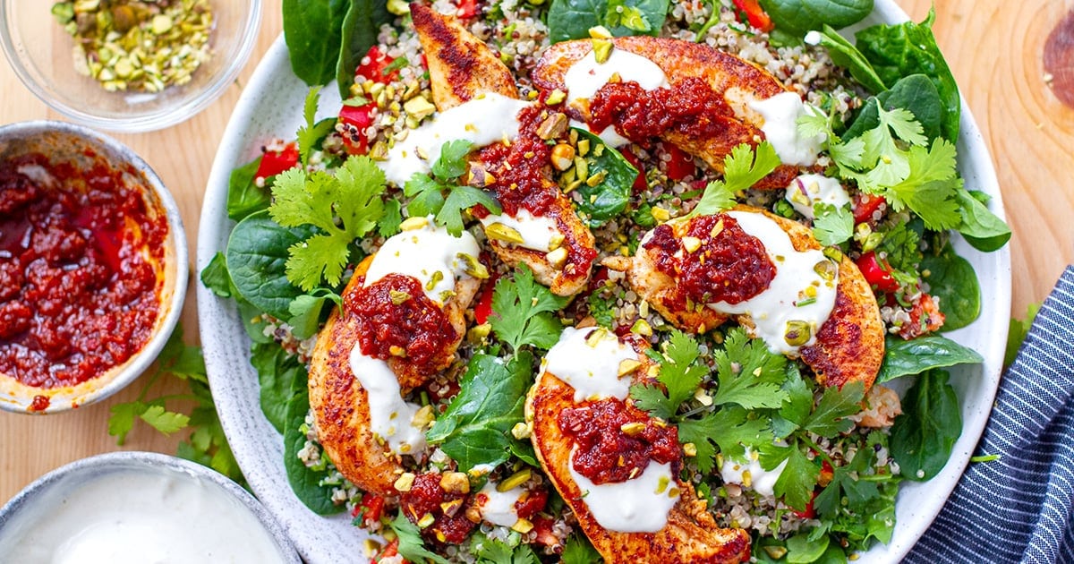 Chicken Quinoa Salad With Honey Harissa & Tahini Yoghurt