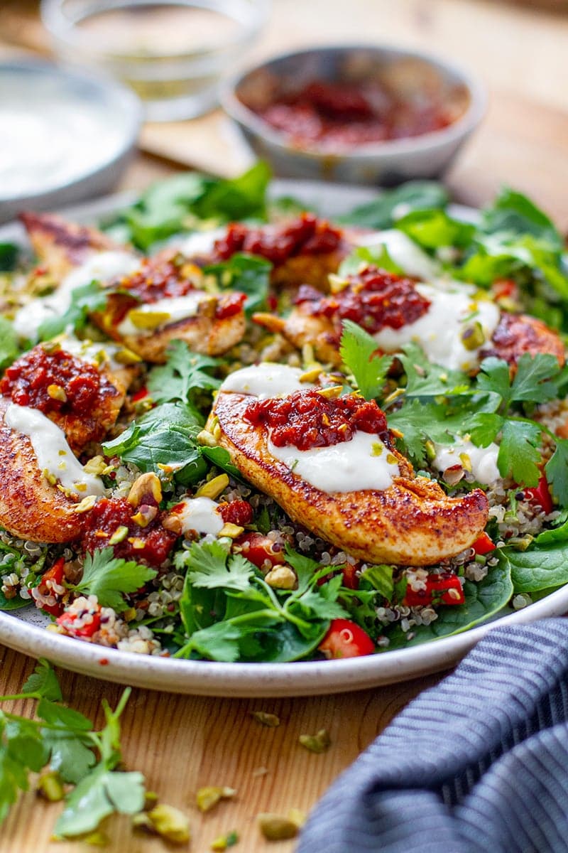 Harissa Chicken Salad With Quinoa Spinach & Tahini Yoghurt