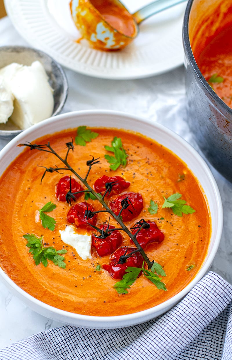 Roasted tomato soup with mascarpone cream cheese