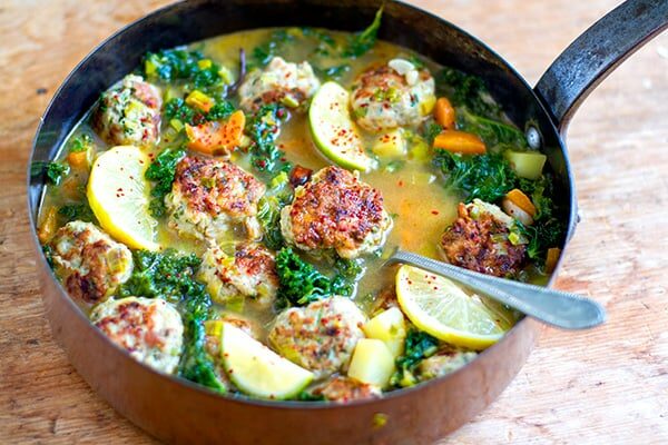 Turkey Meatball Soup With Kale In Lemon Garlic Broth