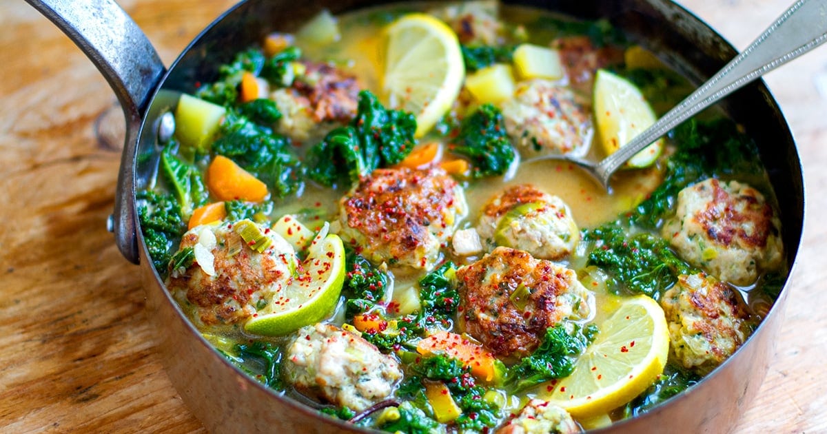 Turkey Meatballs & Kale In Lemony Garlic Broth (Paleo, Whole30)