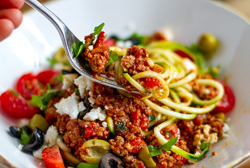 Healthy bolognese with ground turkey, feta and olives
